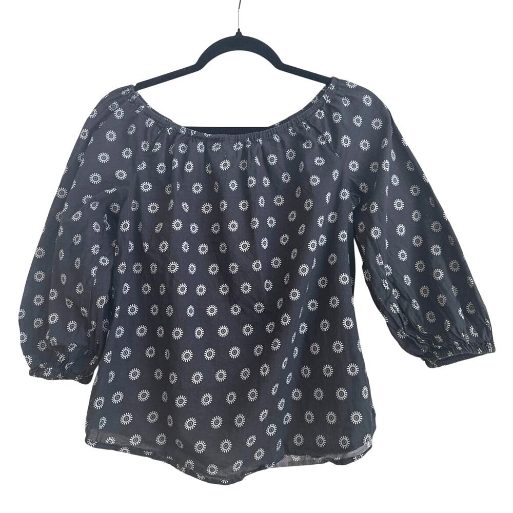 Anthropologie Maeve Dark Navy Blue with White Boho Circular Pattern Blouse